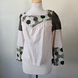 Vintage 70s Brown Tan Green Patchwork Look Bell Sleeves Hippie Boho Top Small S
